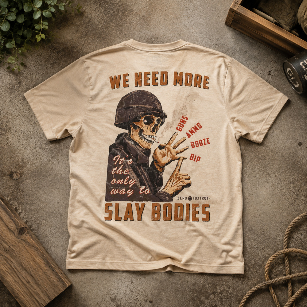 Zero Foxtrot Essentials Tee XL Need More Guns Ammo Booze Dip Graphic T-Shirt